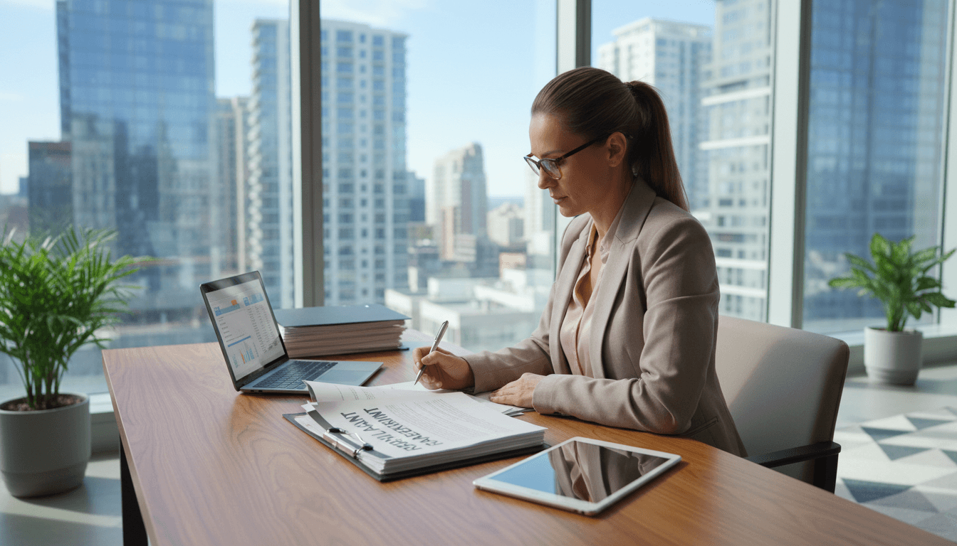 Property manager reviewing rental documents and tenant information at office desk
