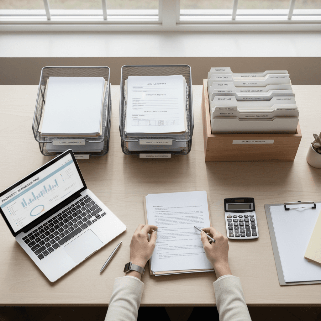 Property manager handling rental management documents and tenant information