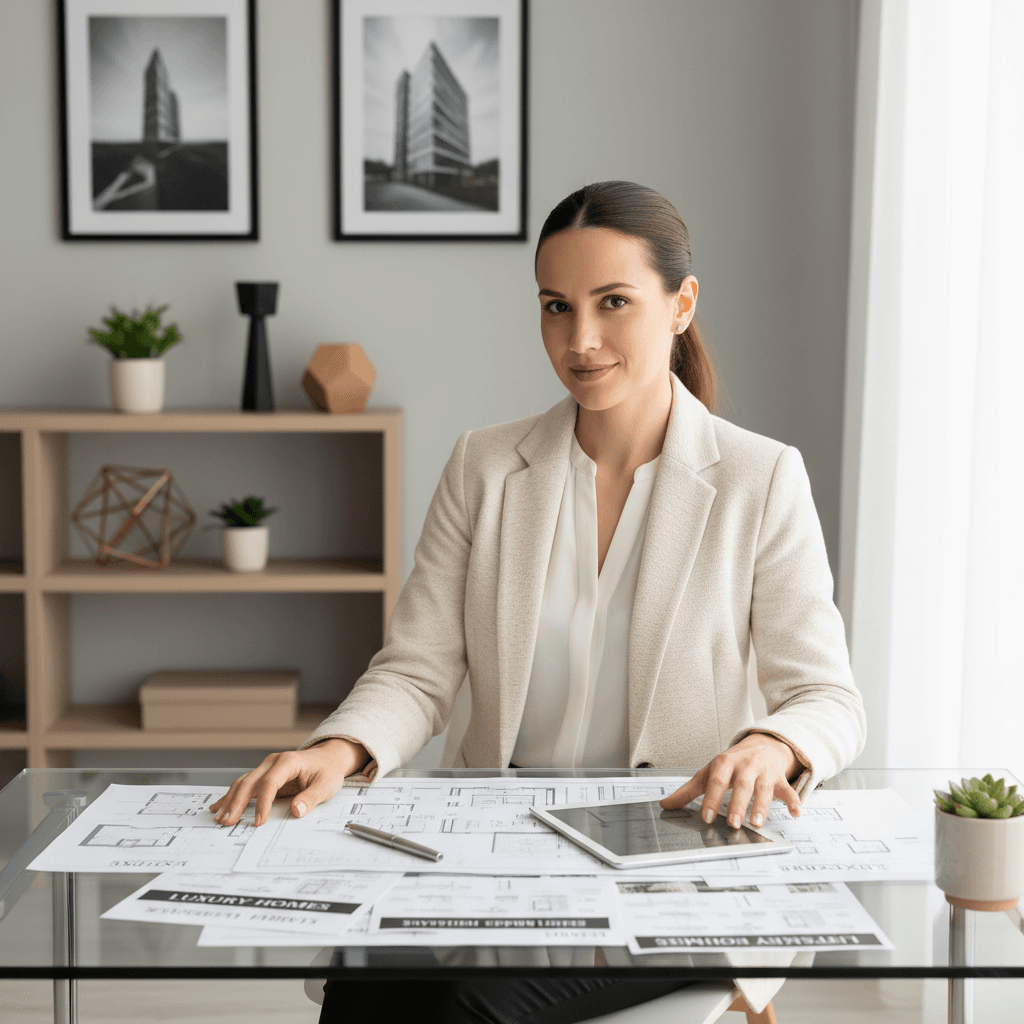Real estate professional discussing property management with client in bright modern office setting