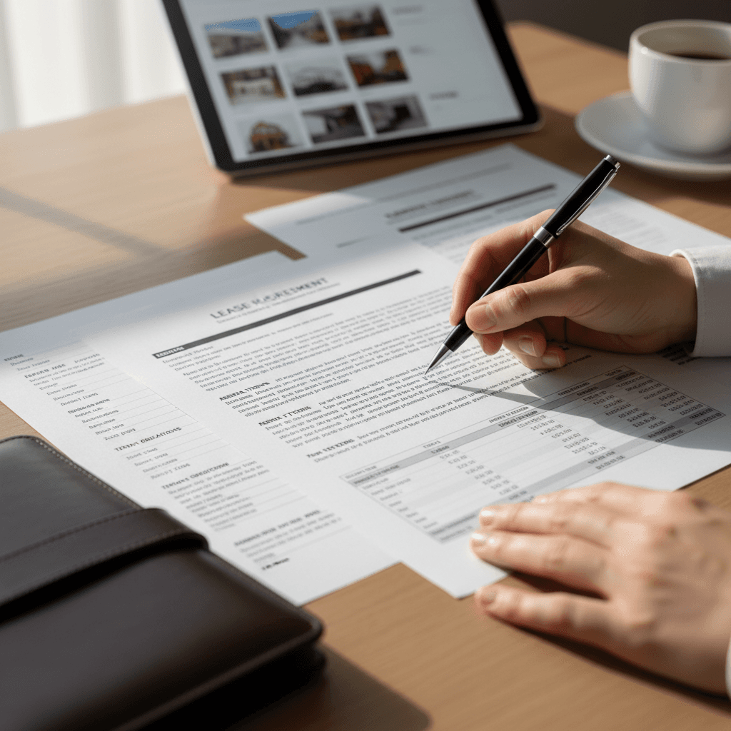 Property management professional reviewing rental documentation